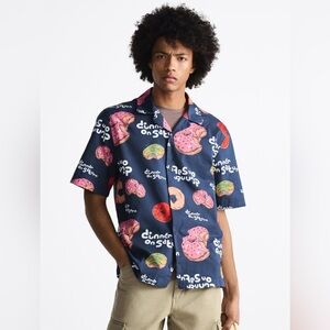 Zara Men’s Navy Doughnut Pattern Short Sleeve Button-Up Shirt XL, 100% Cotton